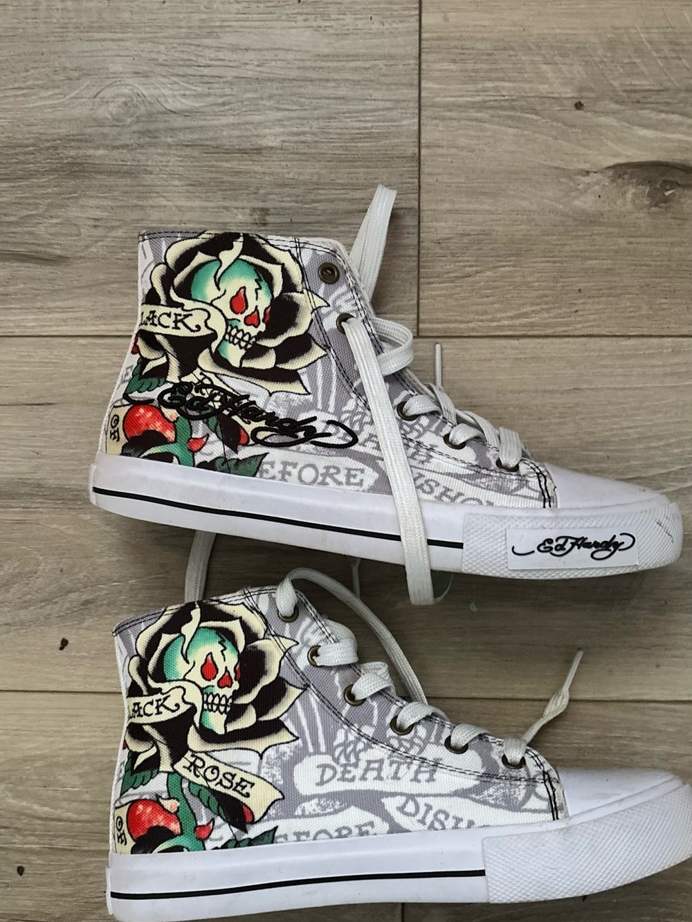 Ed Hardy White High-Top Sneakers with Tattoo Skull & Rose Art